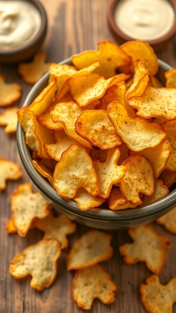A bowl of crispy homemade potato chips with a small dish of dip on a wooden table.